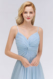 Chic Spaghetti Straps Ruggle Chiffon Bridesmaid Dress Sky Blue Elegant Wedding Party Dress