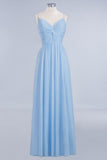 Chic Spaghetti Straps Ruggle Chiffon Bridesmaid Dress Sky Blue Elegant Wedding Party Dress