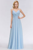 Chic Spaghetti Straps Ruggle Chiffon Bridesmaid Dress Sky Blue Elegant Wedding Party Dress