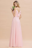 Chic Straps Sweetheart Pink Bridesmaid Dress Backless Chiffon Evening Party Dress