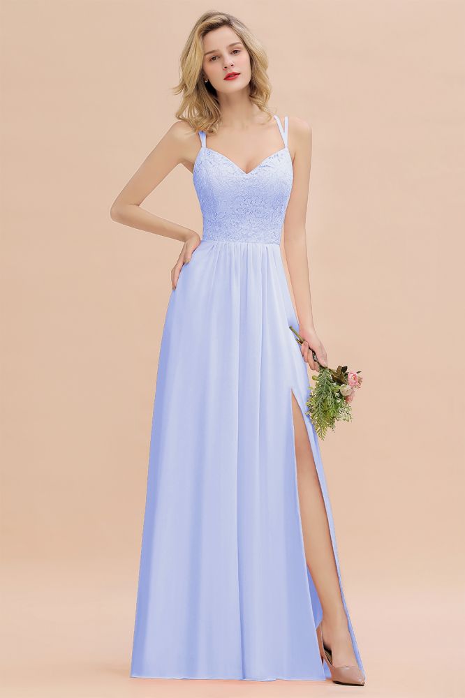 Classy Spaghetti Slim Side Split Bridesmaid Dress Sky Blue V-Neck Wedding Party Evening Dress