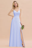 Classy Spaghetti Slim Side Split Bridesmaid Dress Sky Blue V-Neck Wedding Party Evening Dress