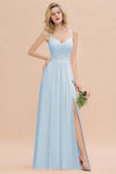 Classy Spaghetti Slim Side Split Bridesmaid Dress Sky Blue V-Neck Wedding Party Evening Dress