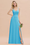 Classy Spaghetti Slim Side Split Bridesmaid Dress Sky Blue V-Neck Wedding Party Evening Dress