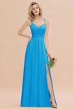 Classy Spaghetti Slim Side Split Bridesmaid Dress Sky Blue V-Neck Wedding Party Evening Dress