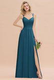 Classy Spaghetti Slim Side Split Bridesmaid Dress Sky Blue V-Neck Wedding Party Evening Dress