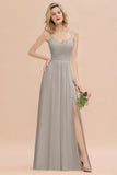Classy Spaghetti Slim Side Split Bridesmaid Dress Sky Blue V-Neck Wedding Party Evening Dress
