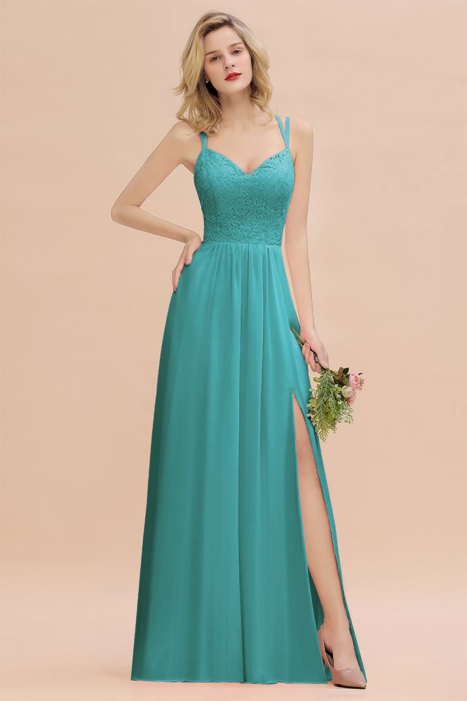 Classy Spaghetti Slim Side Split Bridesmaid Dress Sky Blue V-Neck Wedding Party Evening Dress