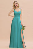 Classy Spaghetti Slim Side Split Bridesmaid Dress Sky Blue V-Neck Wedding Party Evening Dress