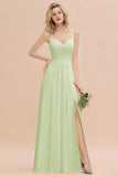 Classy Spaghetti Slim Side Split Bridesmaid Dress Sky Blue V-Neck Wedding Party Evening Dress