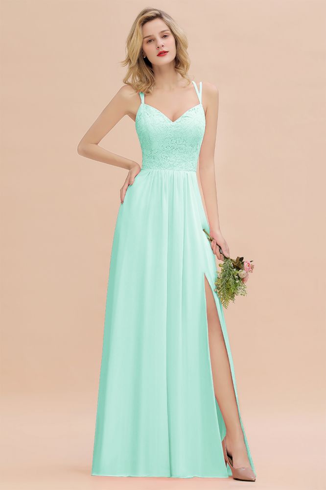 Classy Spaghetti Slim Side Split Bridesmaid Dress Sky Blue V-Neck Wedding Party Evening Dress
