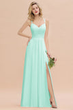 Classy Spaghetti Slim Side Split Bridesmaid Dress Sky Blue V-Neck Wedding Party Evening Dress