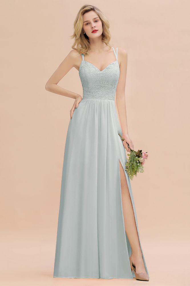 Classy Spaghetti Slim Side Split Bridesmaid Dress Sky Blue V-Neck Wedding Party Evening Dress