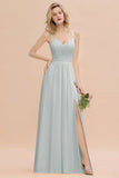 Classy Spaghetti Slim Side Split Bridesmaid Dress Sky Blue V-Neck Wedding Party Evening Dress