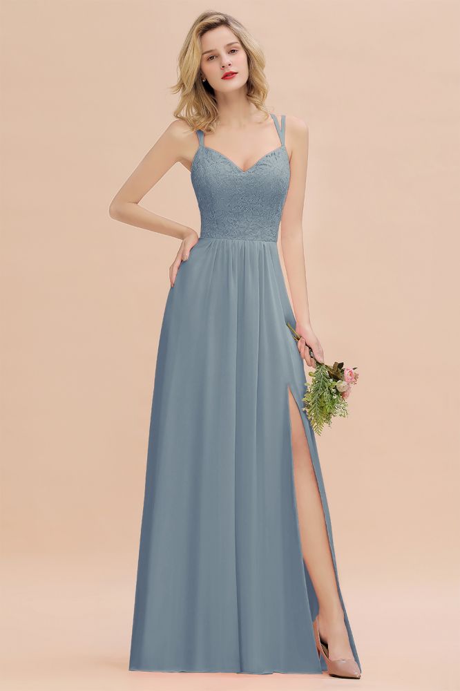 Classy Spaghetti Slim Side Split Bridesmaid Dress Sky Blue V-Neck Wedding Party Evening Dress