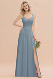 Classy Spaghetti Slim Side Split Bridesmaid Dress Sky Blue V-Neck Wedding Party Evening Dress