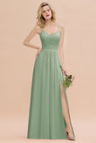 Classy Spaghetti Slim Side Split Bridesmaid Dress Sky Blue V-Neck Wedding Party Evening Dress