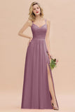 Classy Spaghetti Slim Side Split Bridesmaid Dress Sky Blue V-Neck Wedding Party Evening Dress