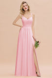 Classy Spaghetti Slim Side Split Bridesmaid Dress Sky Blue V-Neck Wedding Party Evening Dress