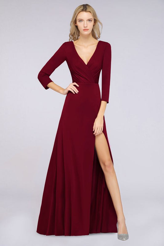 Classy V-Neck Long-Sleeves Side-Slit Long Bridesmaid Dress with Ruffles Evening Mother of the Bride Gowns