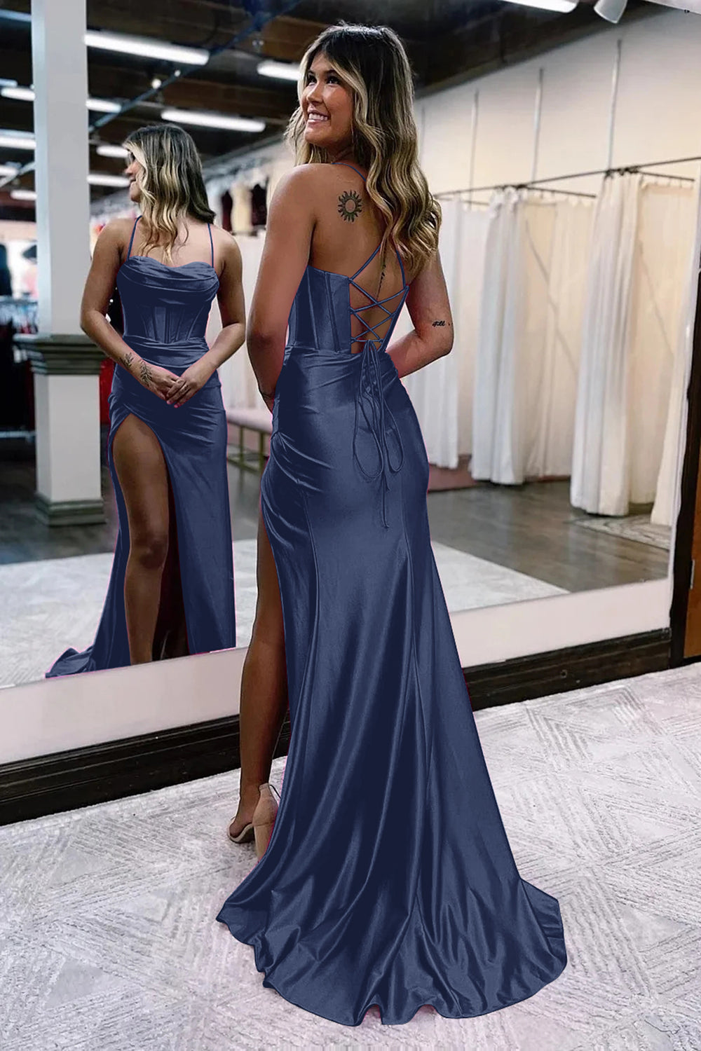 Spaghetti Straps Royal Blue Mermaid Prom Dress With Slit Formal Evening Dresses Gowns
