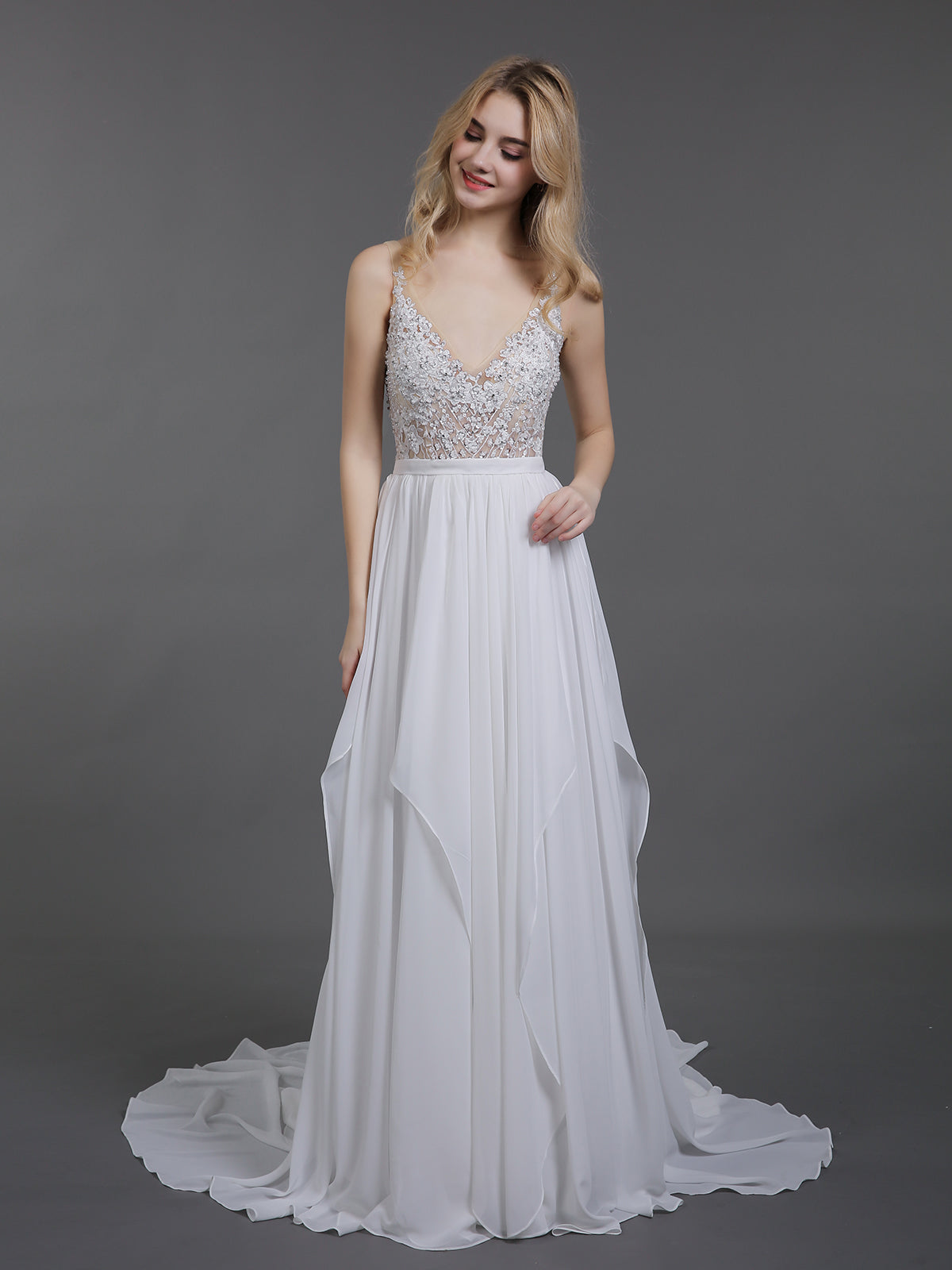 Chiffon mit Perlen V-Ausschnitt Brautkleid-Elfenbein Brautkleider Kleider