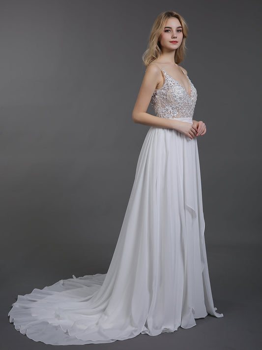 Chiffon mit Perlen V-Ausschnitt Brautkleid-Elfenbein Brautkleider Kleider