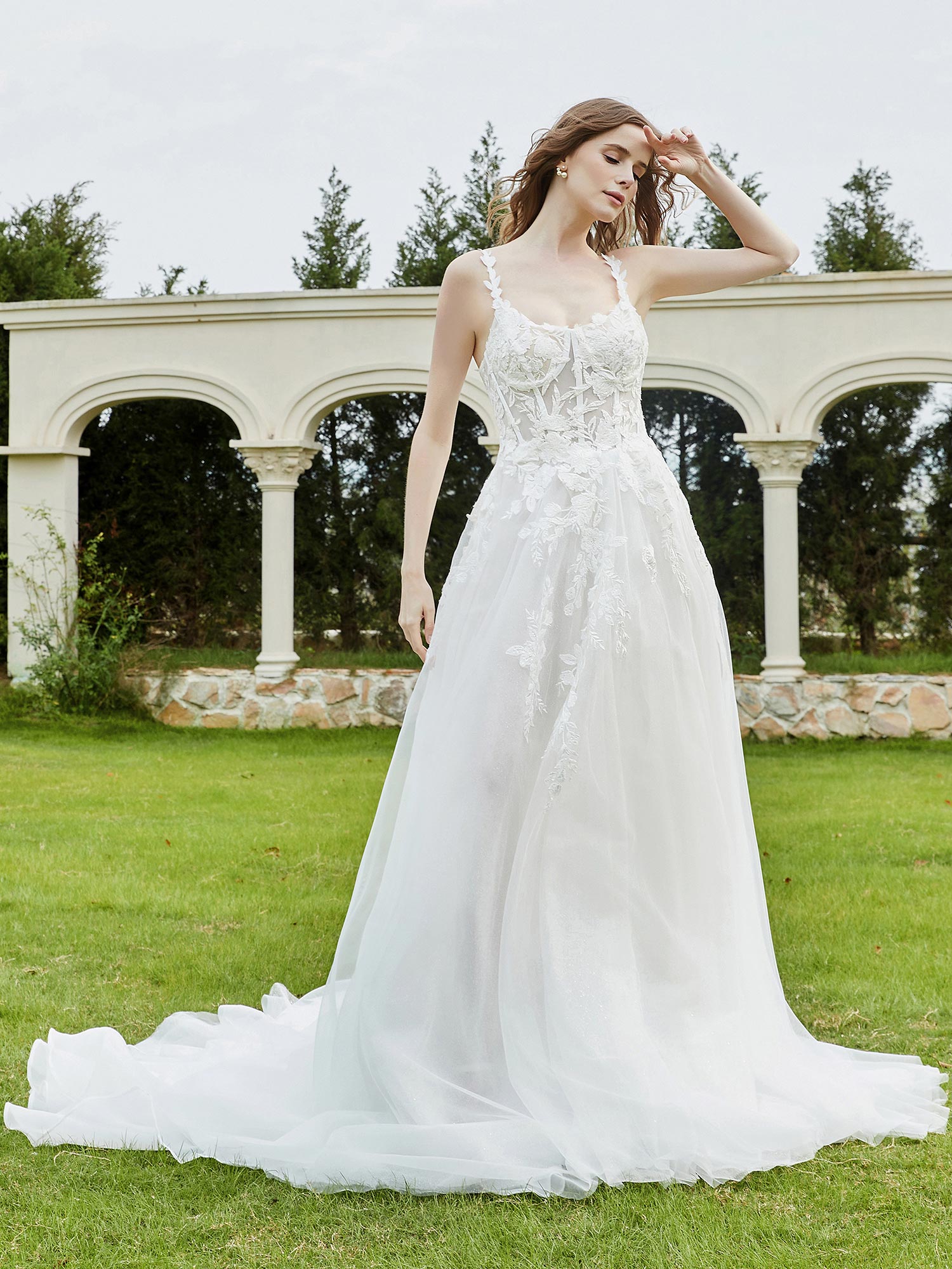 Spaghetti Straps Tulle Chapel Train Wedding Dress-Ivory Bridal Gowns Dresses