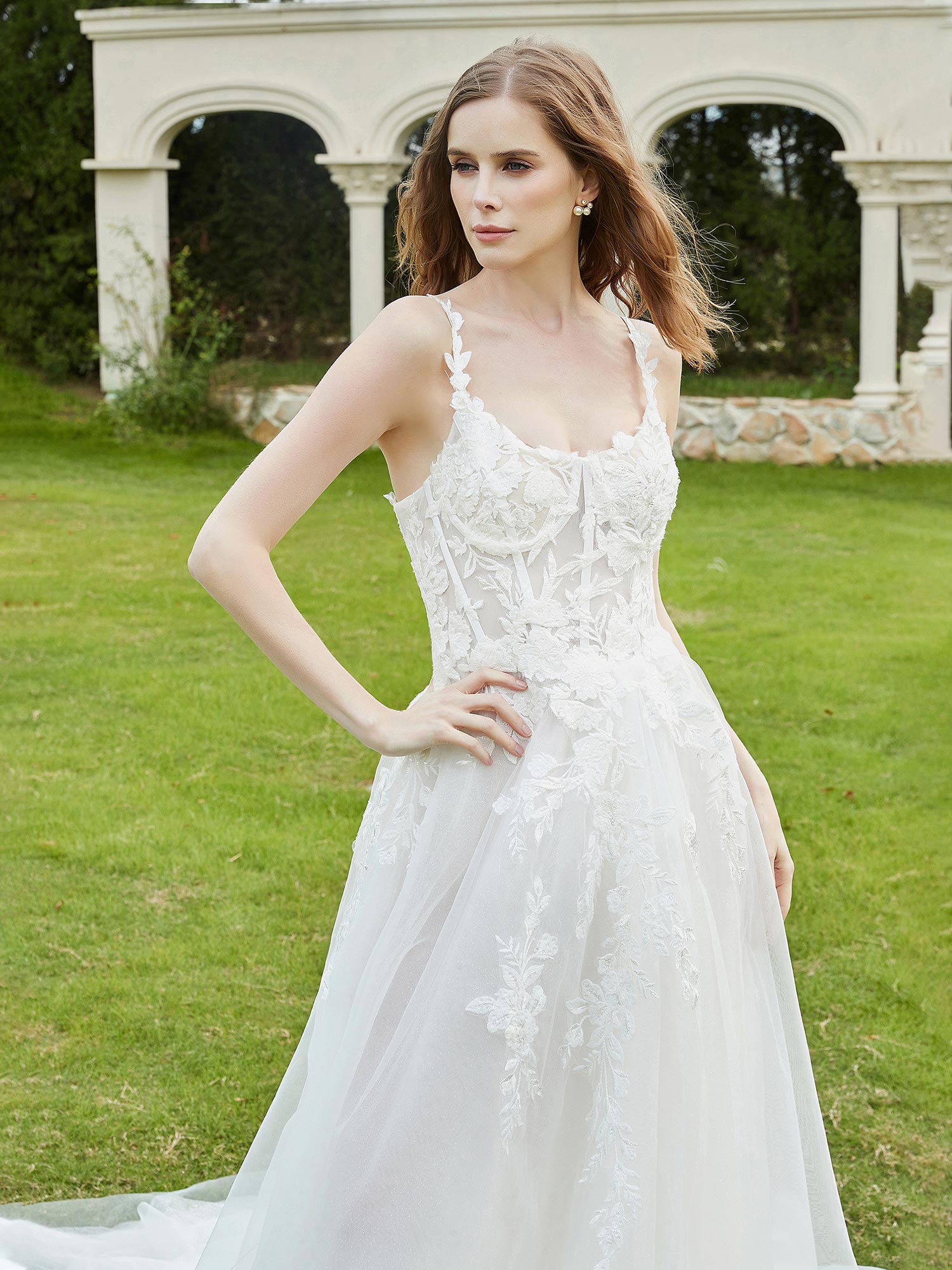 Spaghetti Straps Tulle Chapel Train Wedding Dress-Ivory Bridal Gowns Dresses