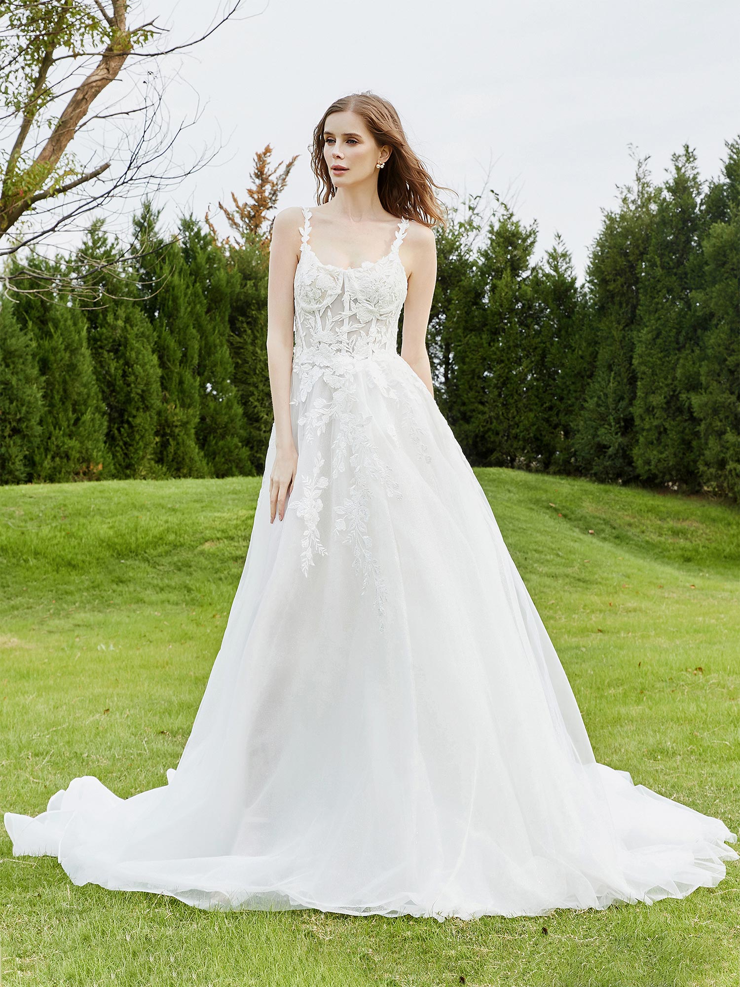 Spaghetti Straps Tulle Chapel Train Wedding Dress-Ivory Bridal Gowns Dresses