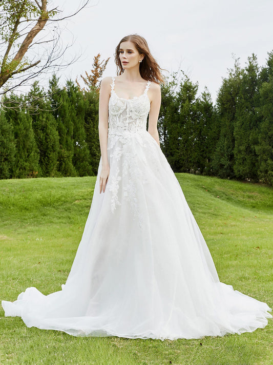 Spaghetti Straps Tulle Chapel Train Wedding Dress-Ivory Bridal Gowns Dresses