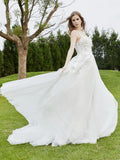 Spaghetti Straps Tulle Chapel Train Wedding Dress-Ivory Bridal Gowns Dresses