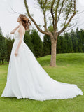 Spaghetti Straps Tulle Chapel Train Wedding Dress-Ivory Bridal Gowns Dresses