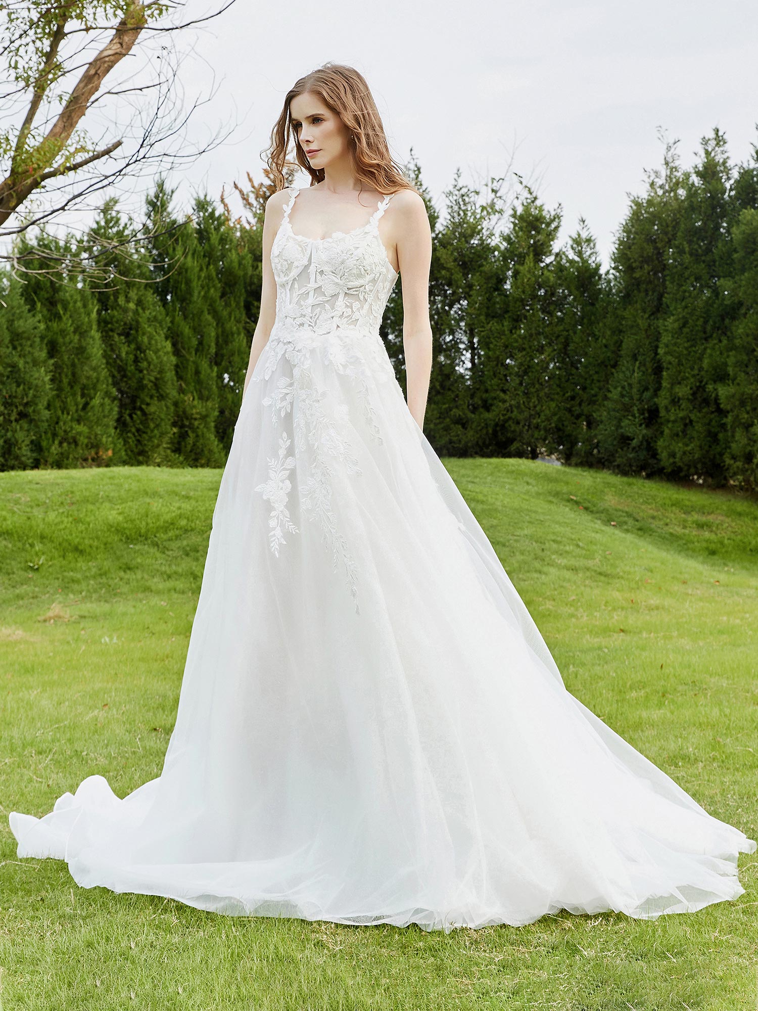Spaghetti Straps Tulle Chapel Train Wedding Dress-Ivory Bridal Gowns Dresses