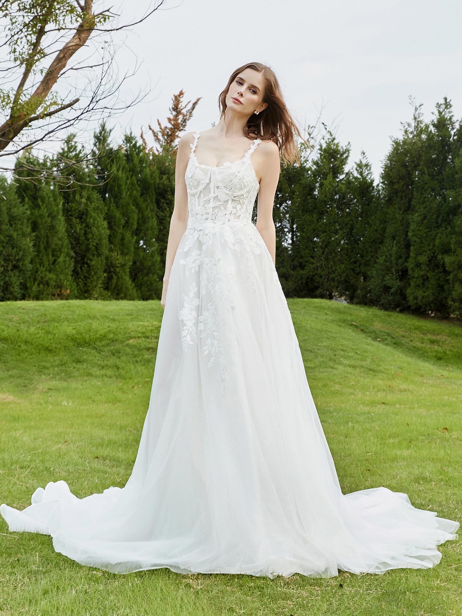 Spaghetti Straps Tulle Chapel Train Wedding Dress-Ivory Bridal Gowns Dresses