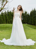 Spaghetti Straps Tulle Chapel Train Wedding Dress-Ivory Bridal Gowns Dresses