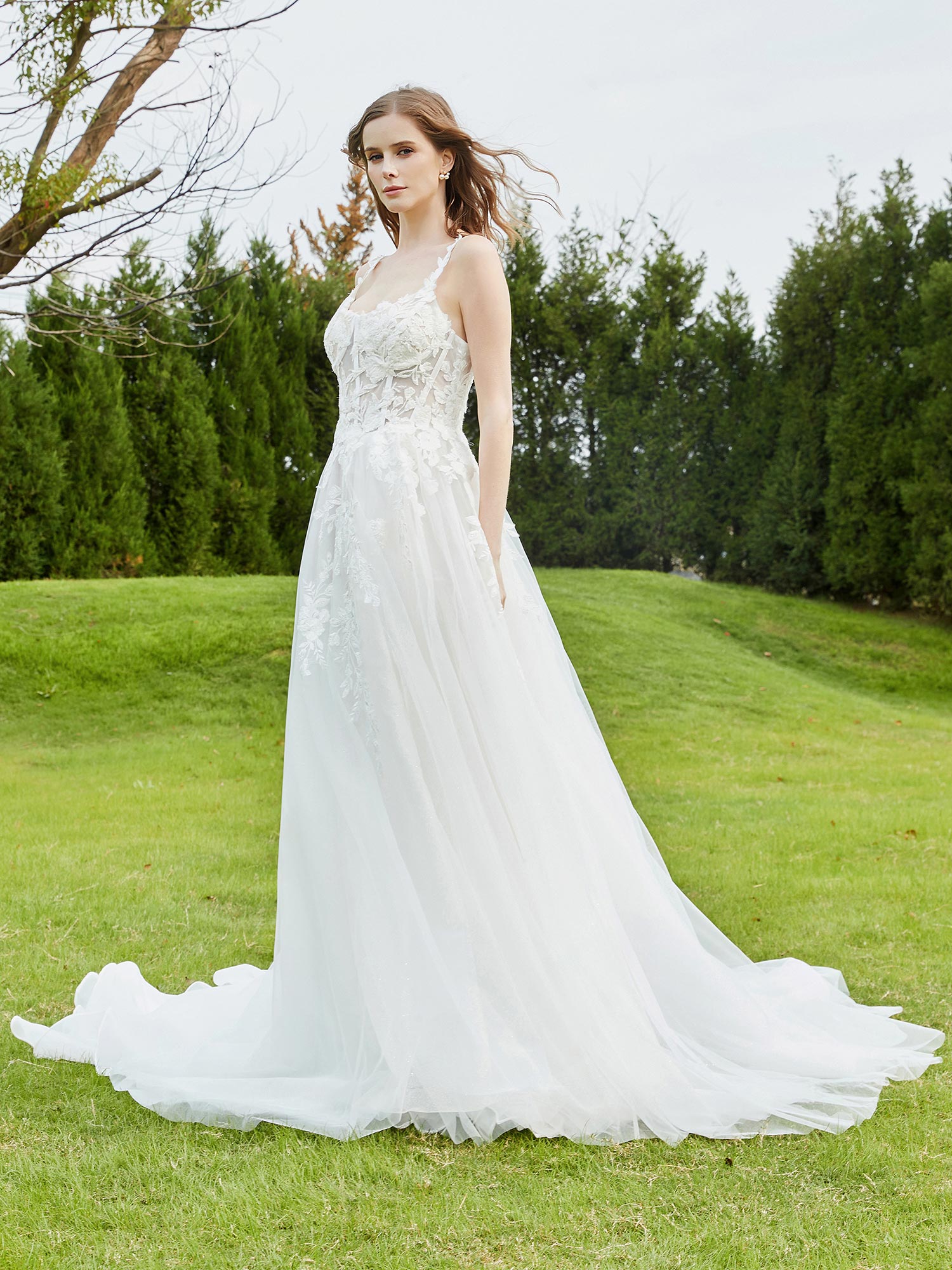 Spaghetti Straps Tulle Chapel Train Wedding Dress-Ivory Bridal Gowns Dresses