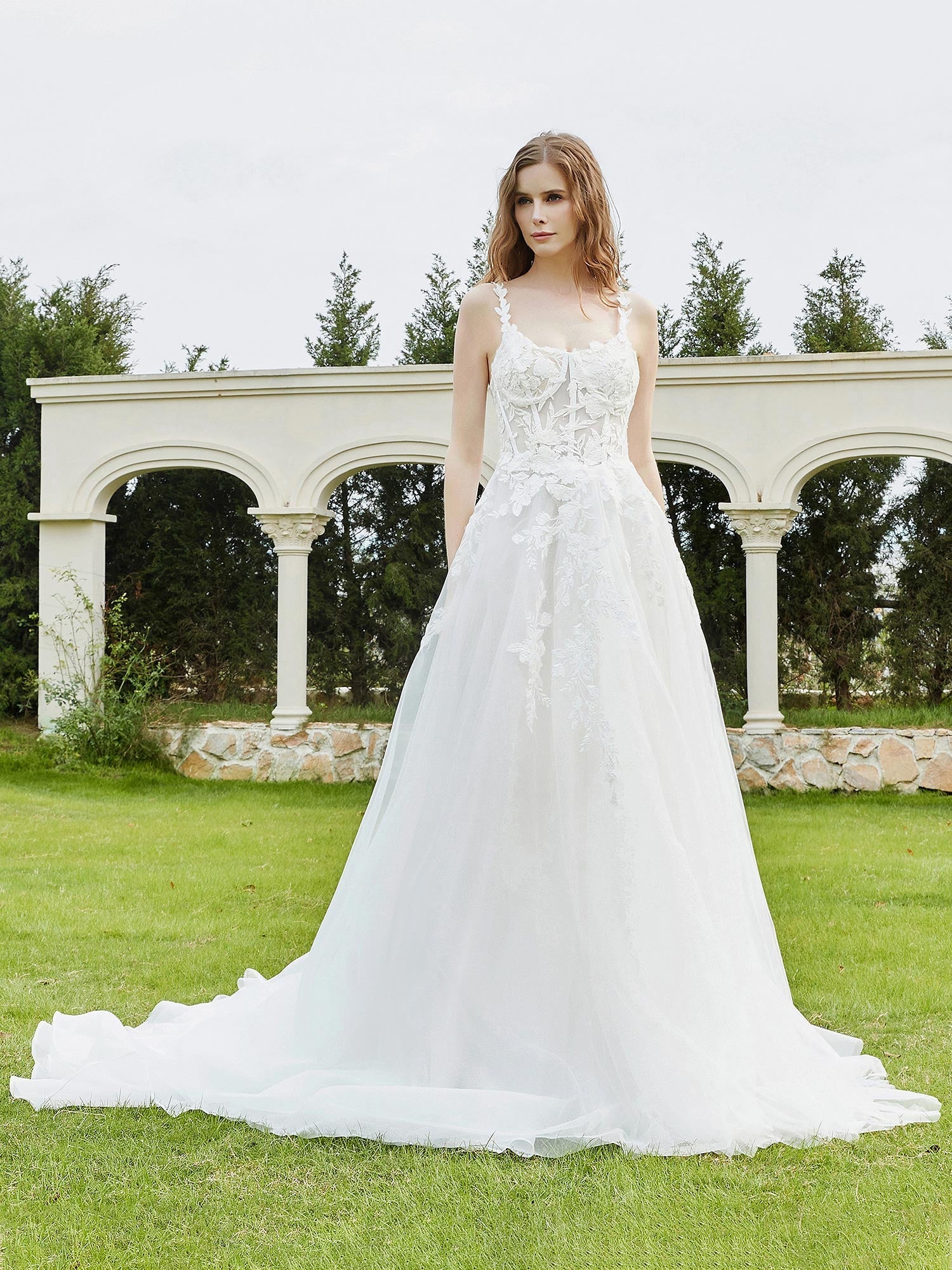 Spaghetti Straps Tulle Chapel Train Wedding Dress-Ivory Bridal Gowns Dresses