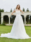 Spaghetti Straps Tulle Chapel Train Wedding Dress-Ivory Bridal Gowns Dresses
