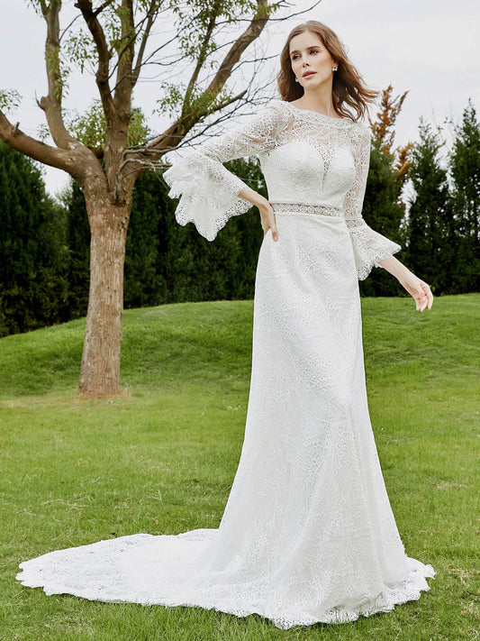 Illusionsausschnitt 3/4-Ärmel Spitze A-Linie Brautkleid-Elfenbein Brautkleider Kleider