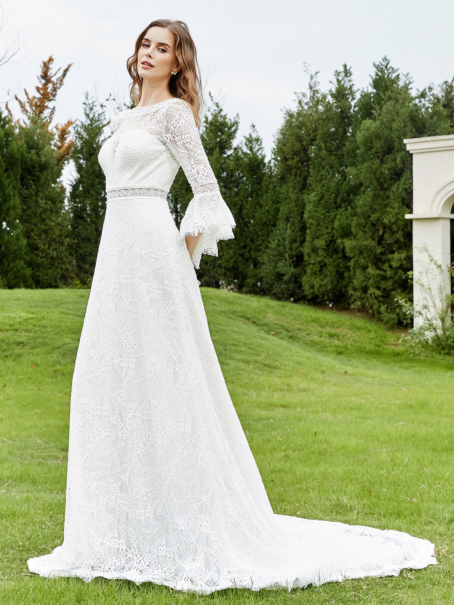 Illusionsausschnitt 3/4-Ärmel Spitze A-Linie Brautkleid-Elfenbein Brautkleider Kleider