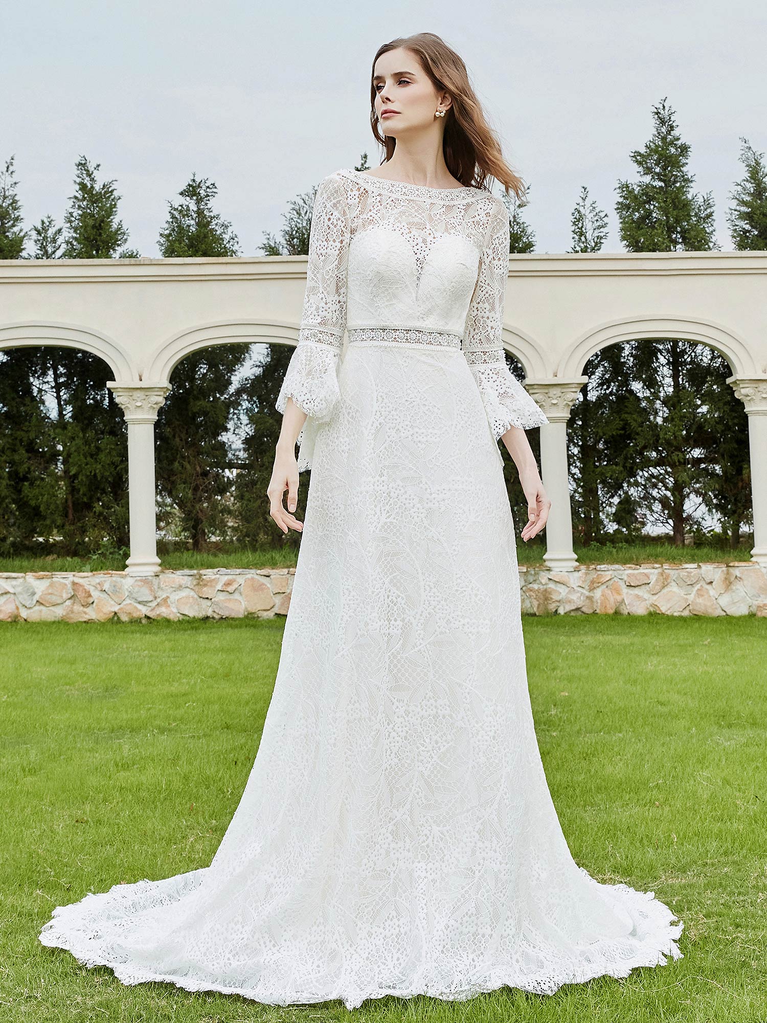 Illusionsausschnitt 3/4-Ärmel Spitze A-Linie Brautkleid-Elfenbein Brautkleider Kleider