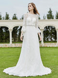 Illusionsausschnitt 3/4-Ärmel Spitze A-Linie Brautkleid-Elfenbein Brautkleider Kleider