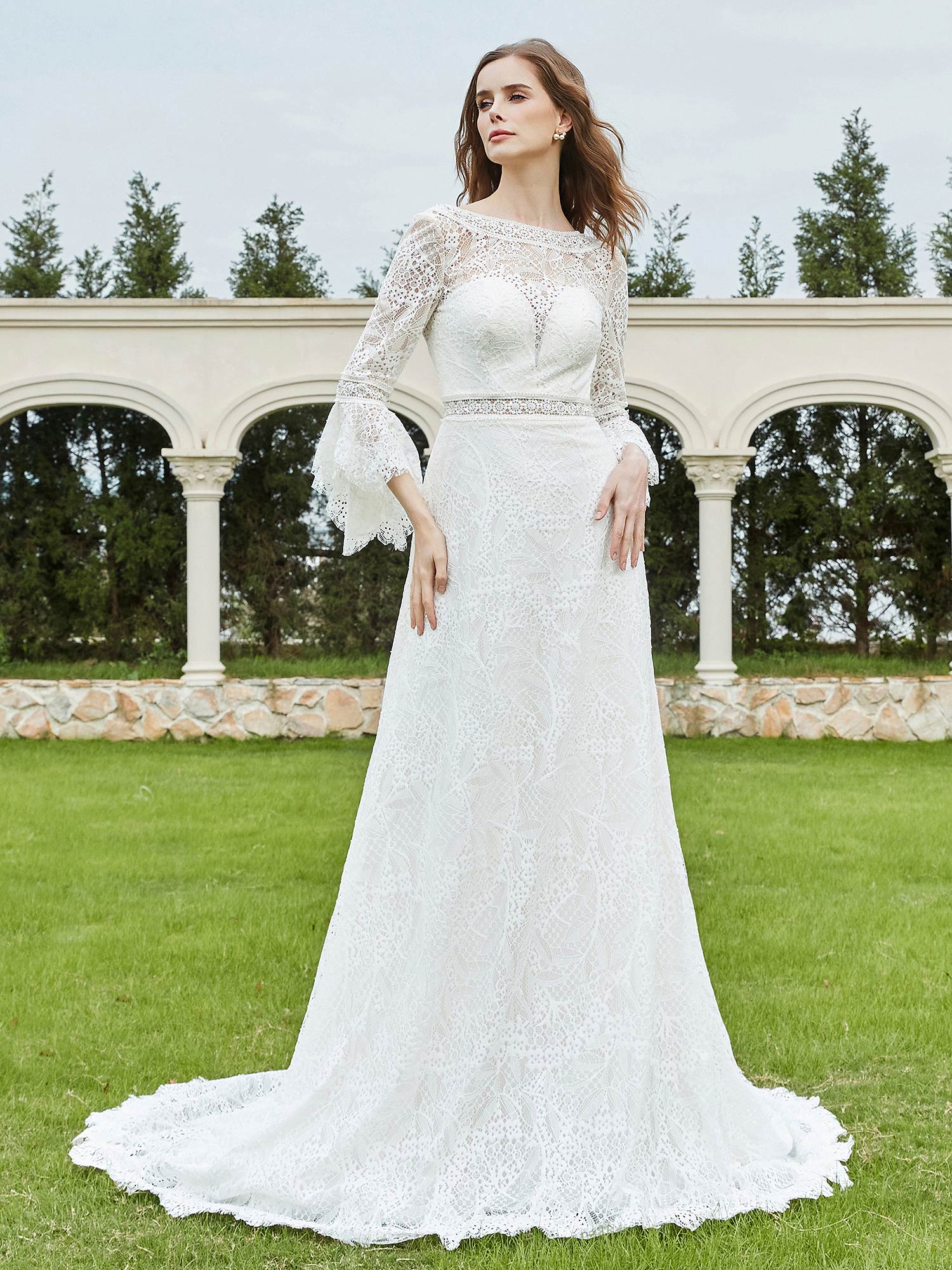 Illusionsausschnitt 3/4-Ärmel Spitze A-Linie Brautkleid-Elfenbein Brautkleider Kleider