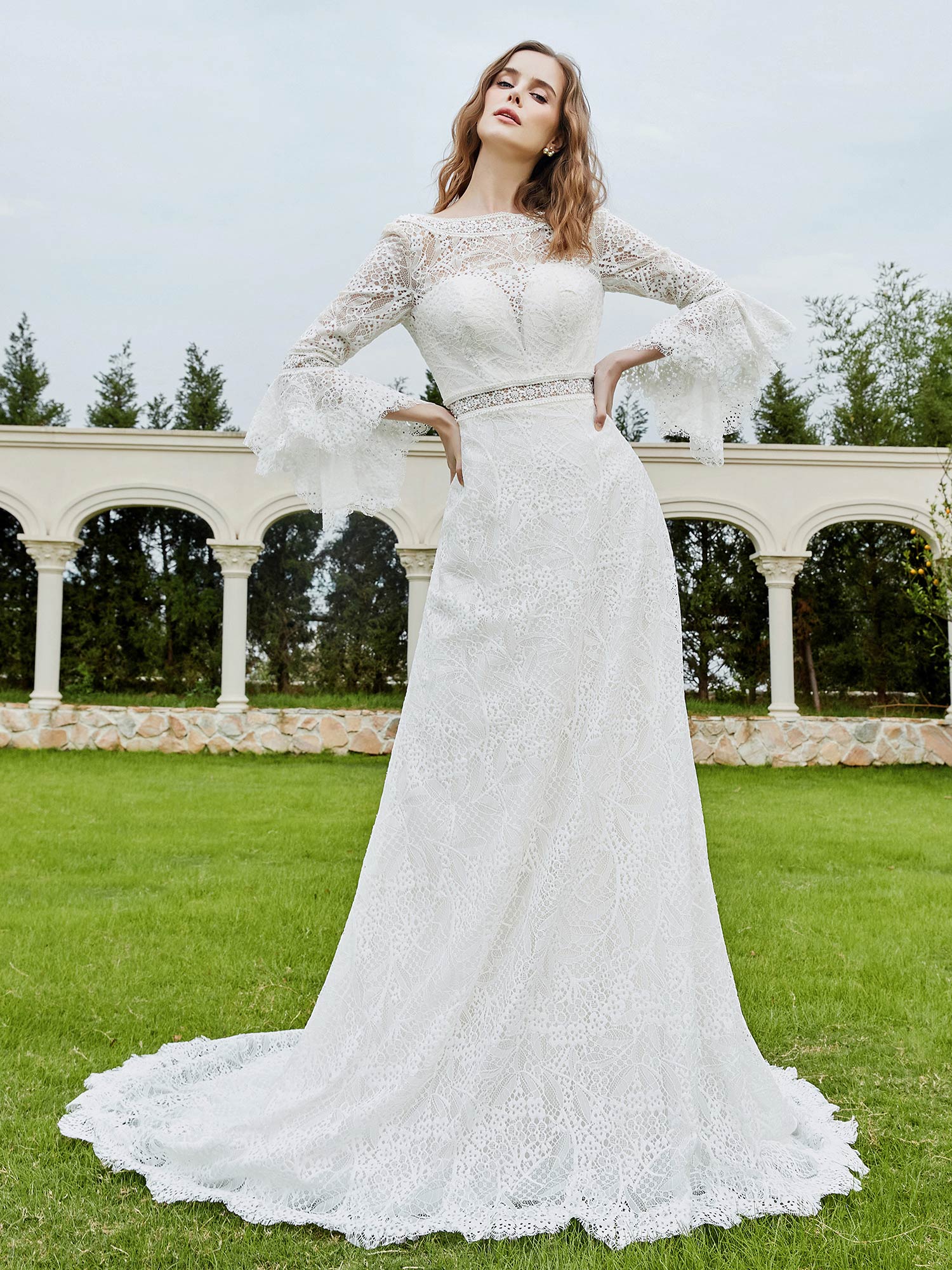 Illusionsausschnitt 3/4-Ärmel Spitze A-Linie Brautkleid-Elfenbein Brautkleider Kleider