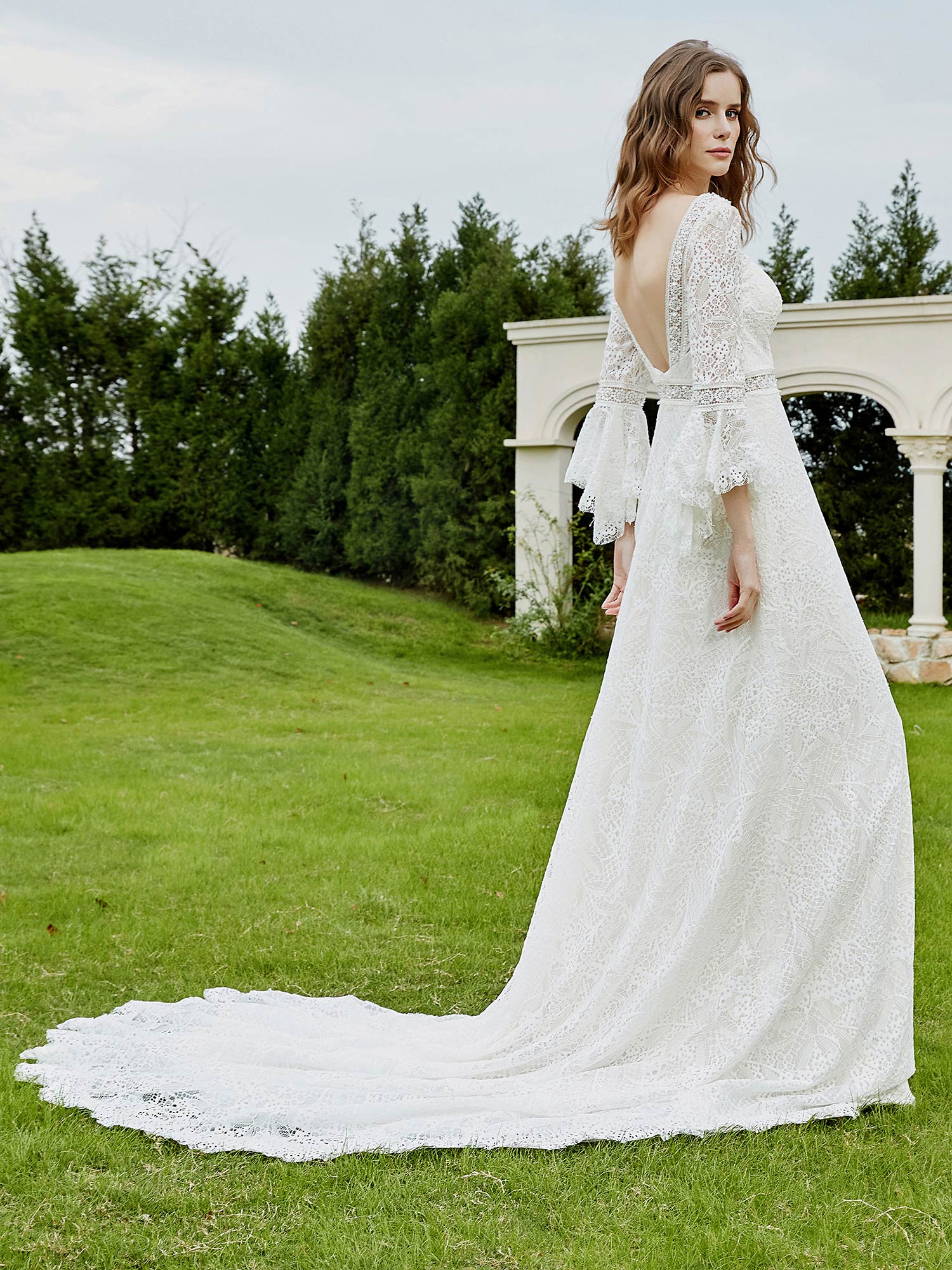 Illusionsausschnitt 3/4-Ärmel Spitze A-Linie Brautkleid-Elfenbein Brautkleider Kleider
