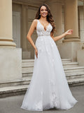 V-neck Lace Appliqued Tulle Wedding Dress Ivory Bridal Gowns Dresses