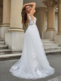 V-neck Lace Appliqued Tulle Wedding Dress Ivory Bridal Gowns Dresses