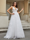 V-neck Lace Appliqued Tulle Wedding Dress Ivory Bridal Gowns Dresses