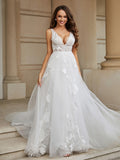 V-neck Lace Appliqued Tulle Wedding Dress Ivory Bridal Gowns Dresses